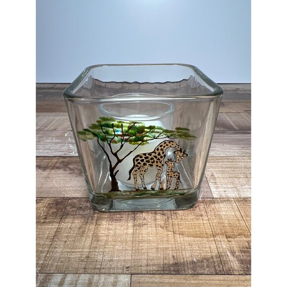 Hand-Painted Glass Candle Holder With Giraffe & Tree Design - Picture 1 of 3